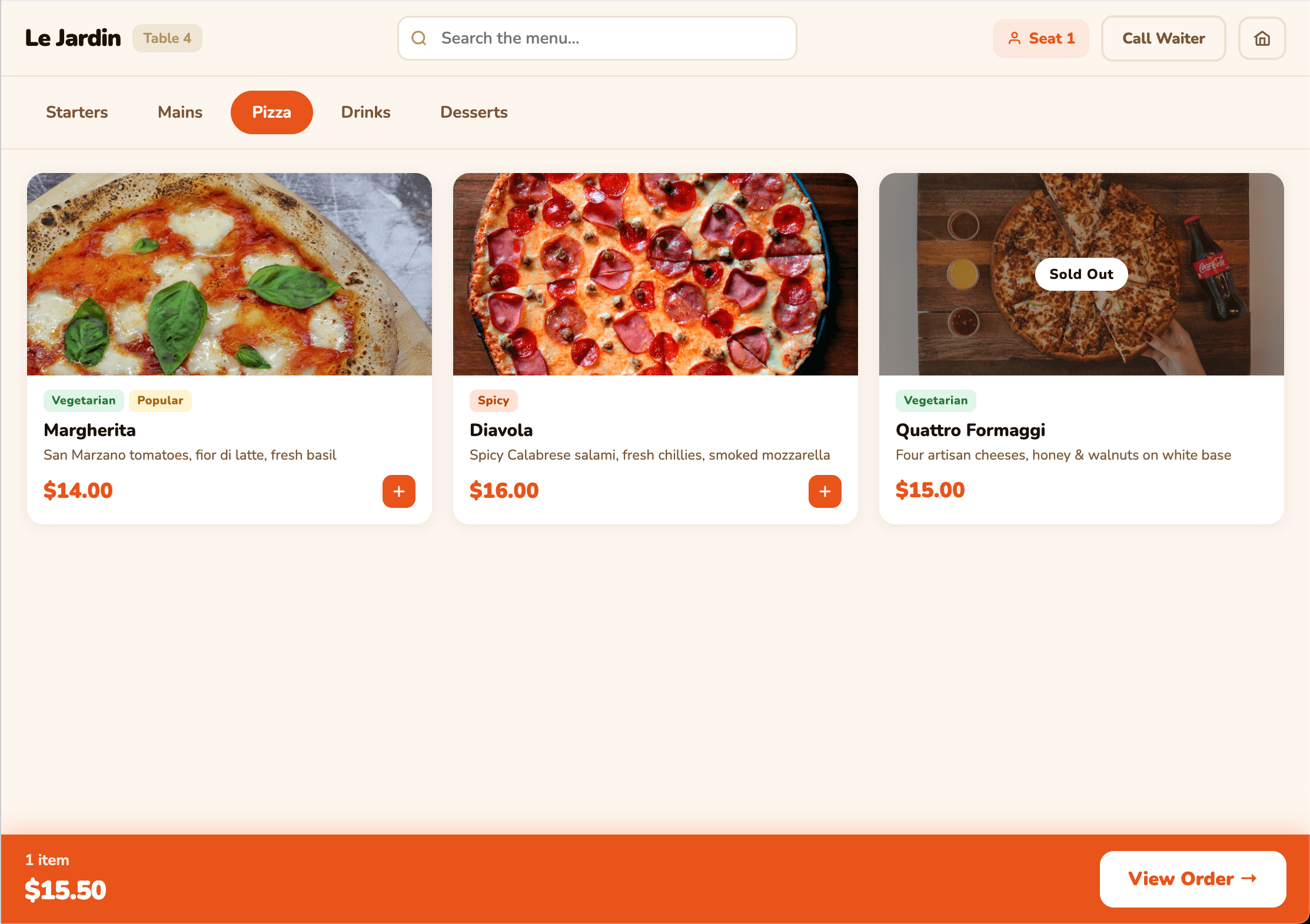 Ordrili tablet ordering interface
