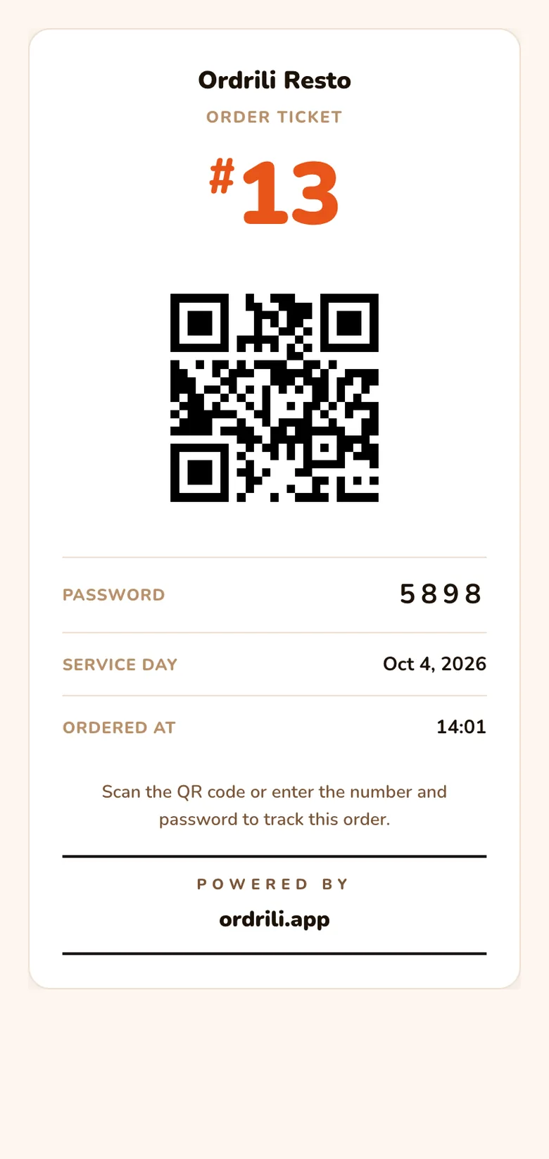 تذكرة مطبوعة برقم الطلب ورمز QR